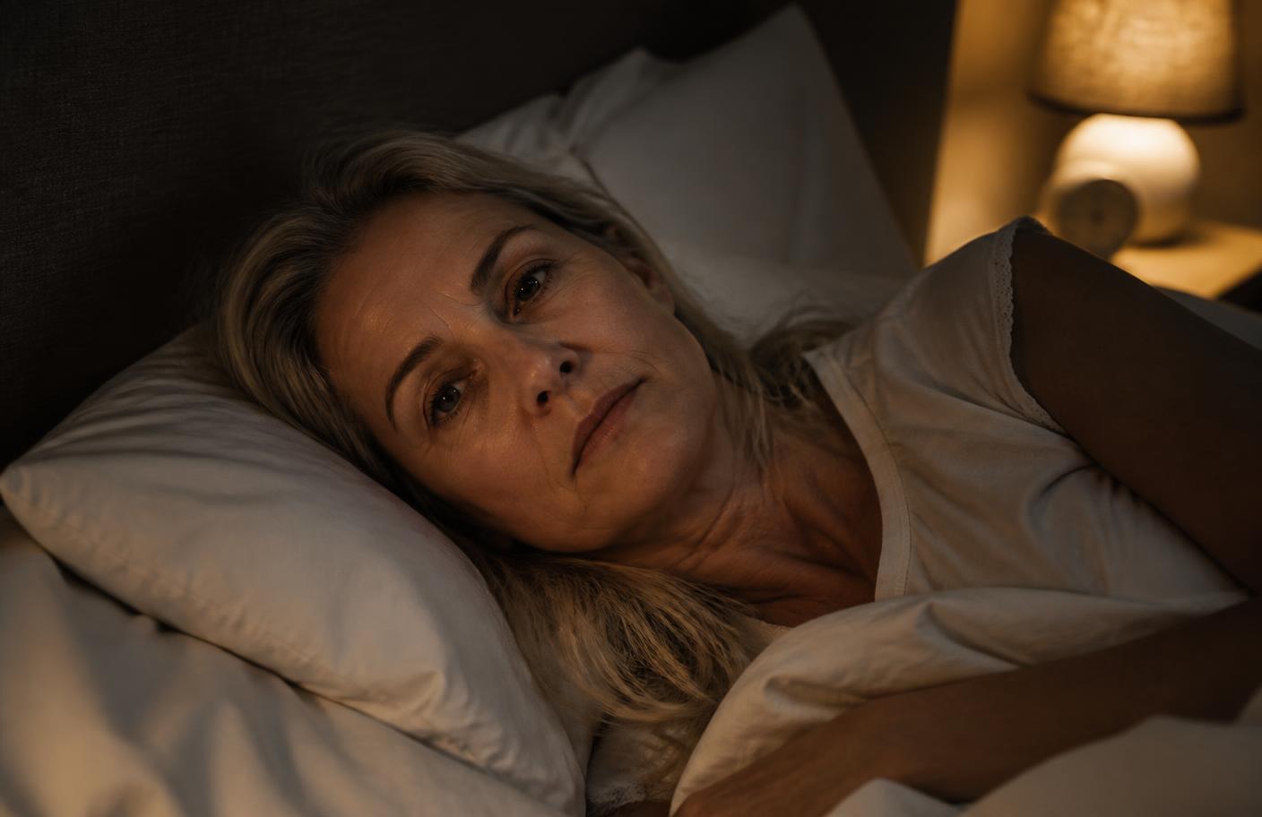 Frau um die 50 liegt nachts wach im Bett